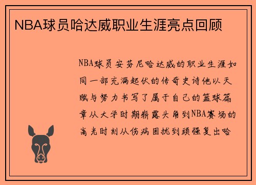 NBA球员哈达威职业生涯亮点回顾